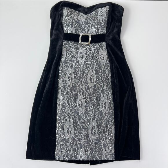 Vintage Dresses & Skirts - Vintage Y2K Strapless Mini Dress Lace Velvet Black Sequins sz 5 whimsigoth prom